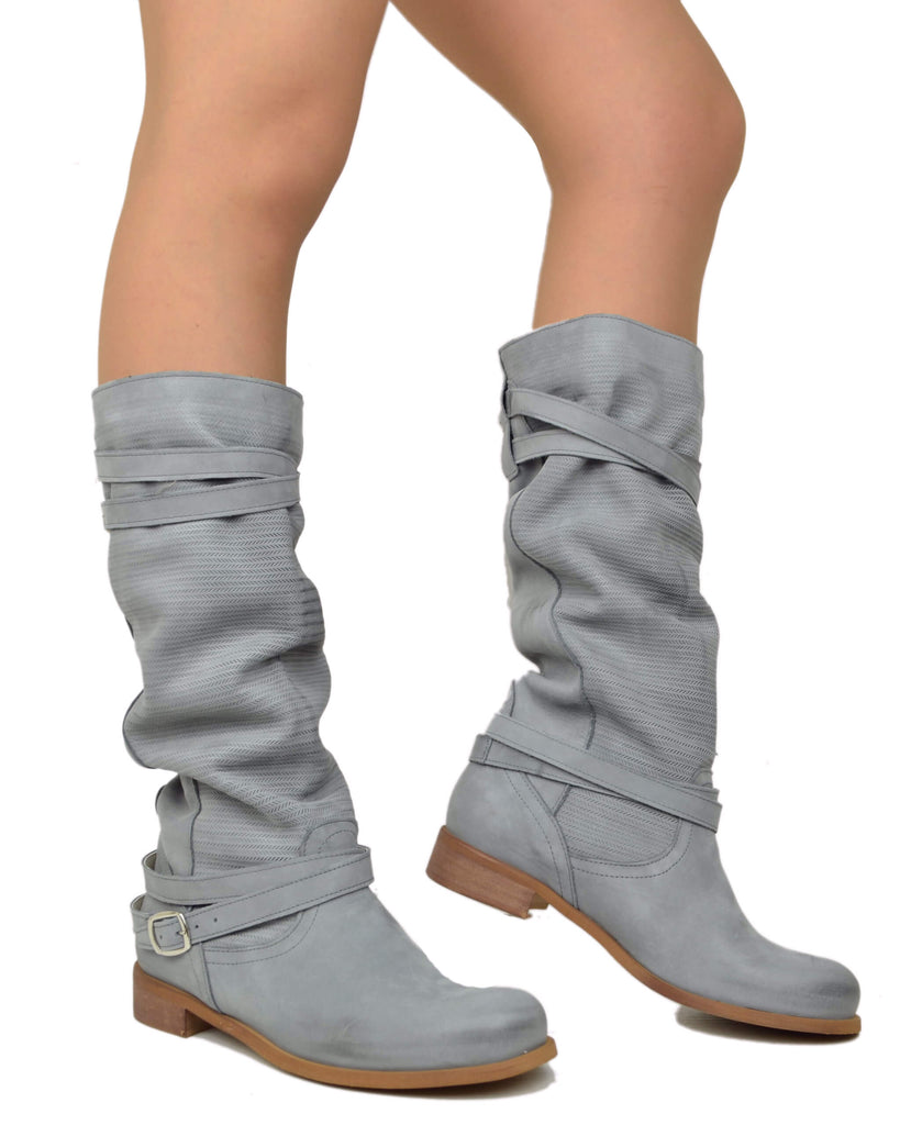 Damen Sommerstiefel Nubukleder Vintage Gerändelt Grau Made in Italy - 4