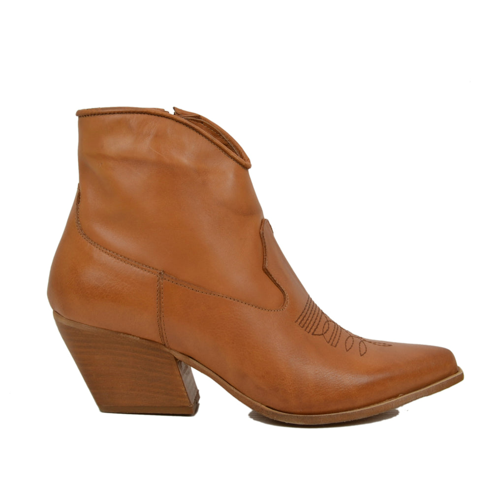 Women's Summer Texan Ankle Boots in Tan Leather Made in Italy - 2