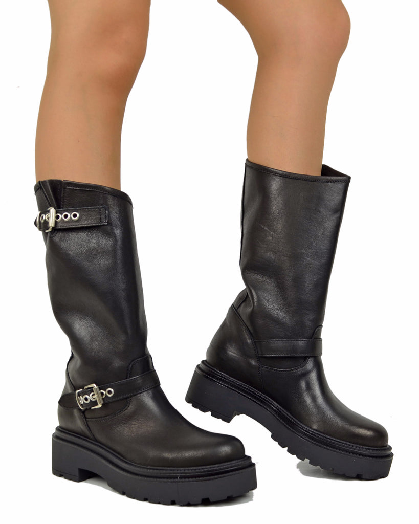 Biker Police Platform Alti Vera Pelle Stivali Moto Total Black Neri - 5