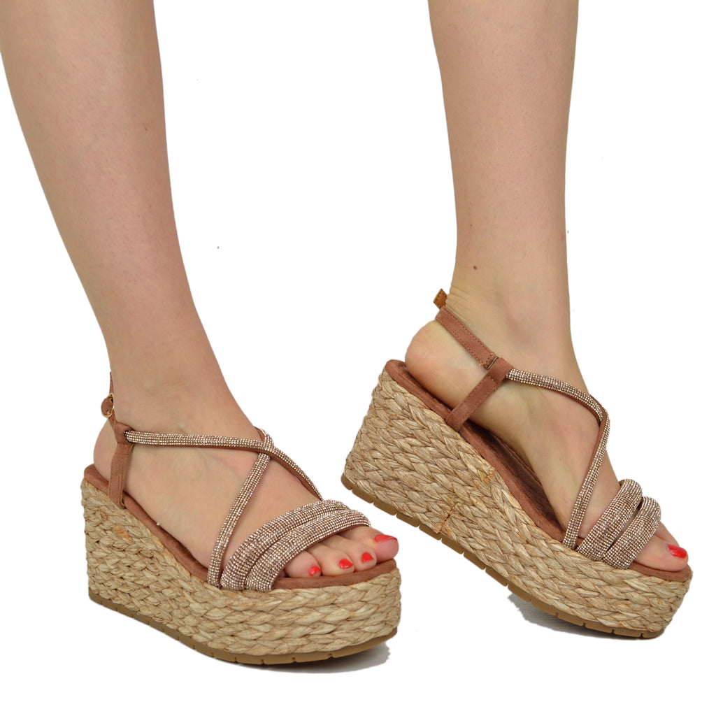 Zeppe Sandali Donna con Strass e Zeppa in Rafia Intrecciata Cuoio - 4