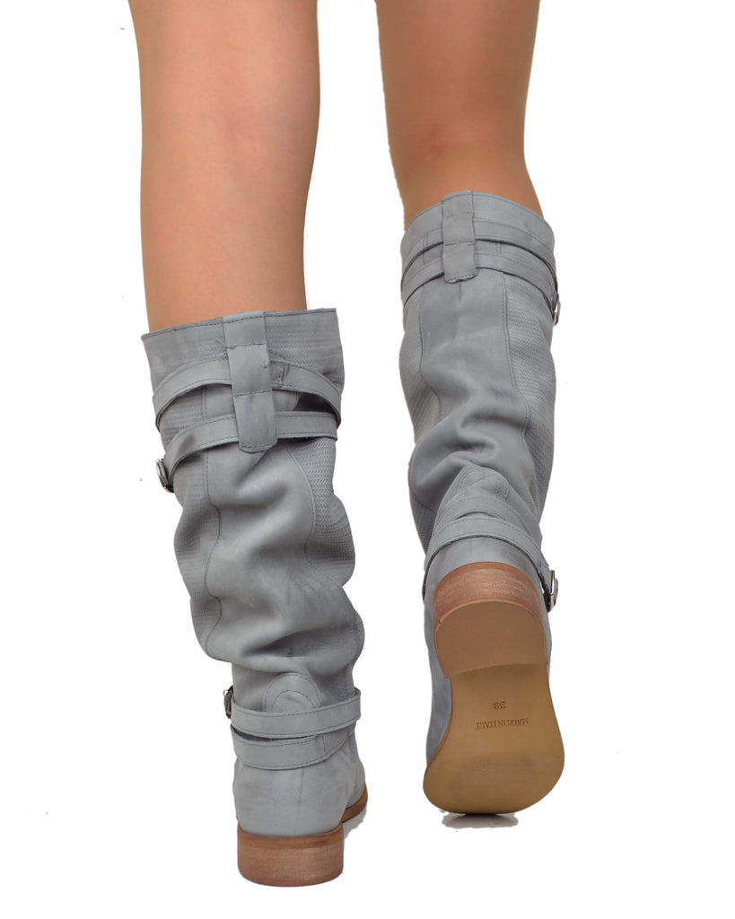 Damen Sommerstiefel Nubukleder Vintage Gerändelt Grau Made in Italy - 5