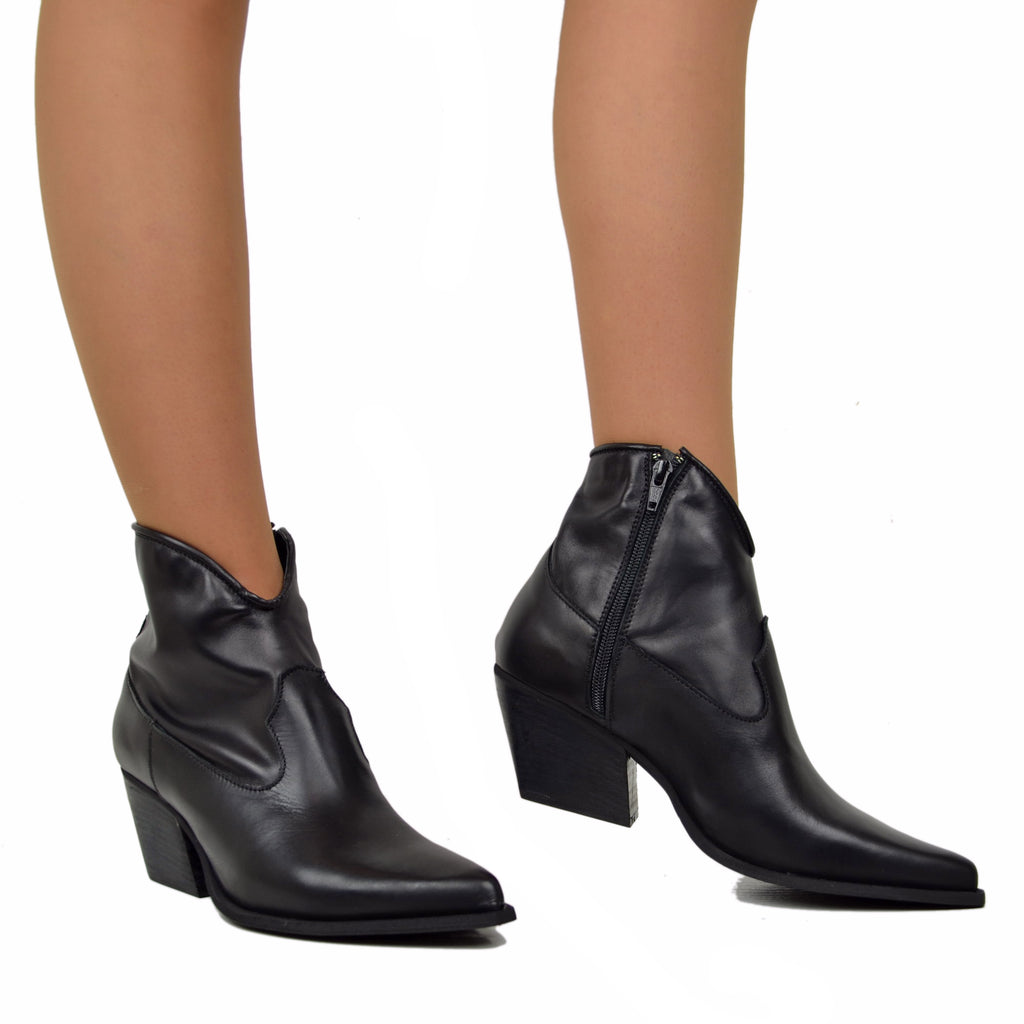Stivaletti Texanini alla Caviglia Donna in Pelle Liscia Neri Made in Italy - 5