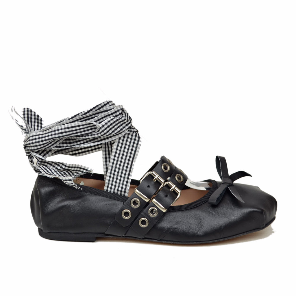 Black Schiava ballerinas in Nappa leather with two-tone laces and square toe - 3