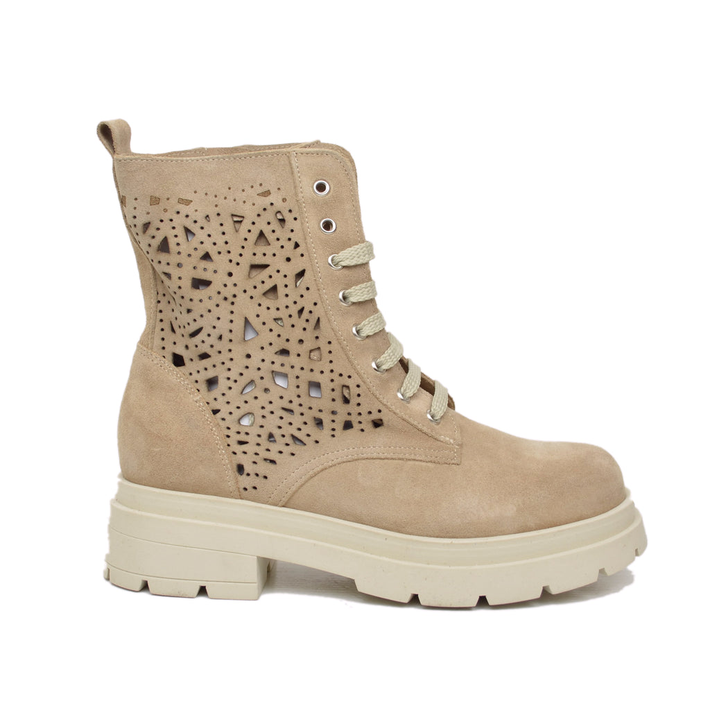 Beige Suede Leather Platform Perforated Summer Lace-up Boots - 2