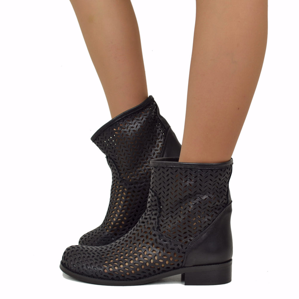 Women's Perforated Black Leather Ankle Boots Made in Italy Total Black
