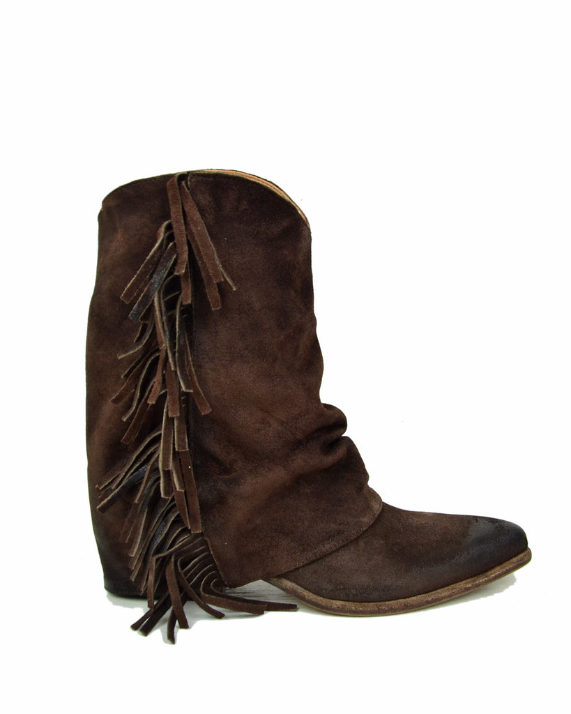 Cowboy Boots in Suede Leather with Gaiter and Fringes, Genuine Leather Sole, Dark Brown - 6