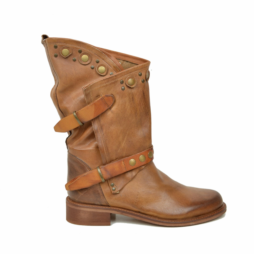 Stivali Donna Biker Estivi Cuoio in Pelle con Borchie e Zip - 4