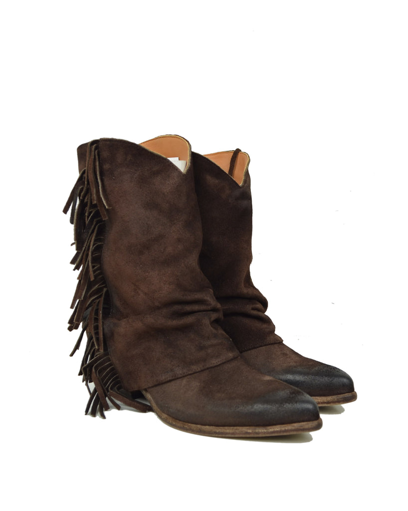 Cowboy Boots in Suede Leather with Gaiter and Fringes, Genuine Leather Sole, Dark Brown - 7