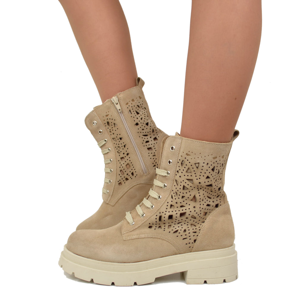 Beige Suede Leather Platform Perforated Summer Lace-up Boots