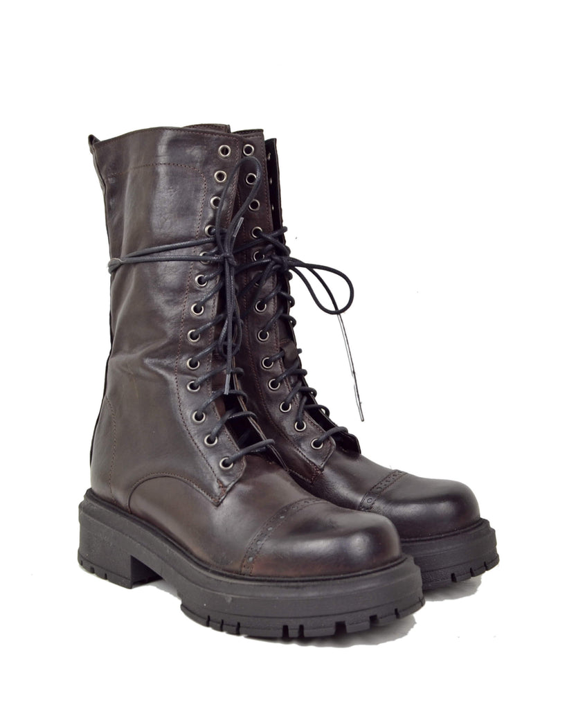Anfibi Platform Alti Stringati Vera Pelle Punta con Dettagli Vera Pelle Marrone - 2