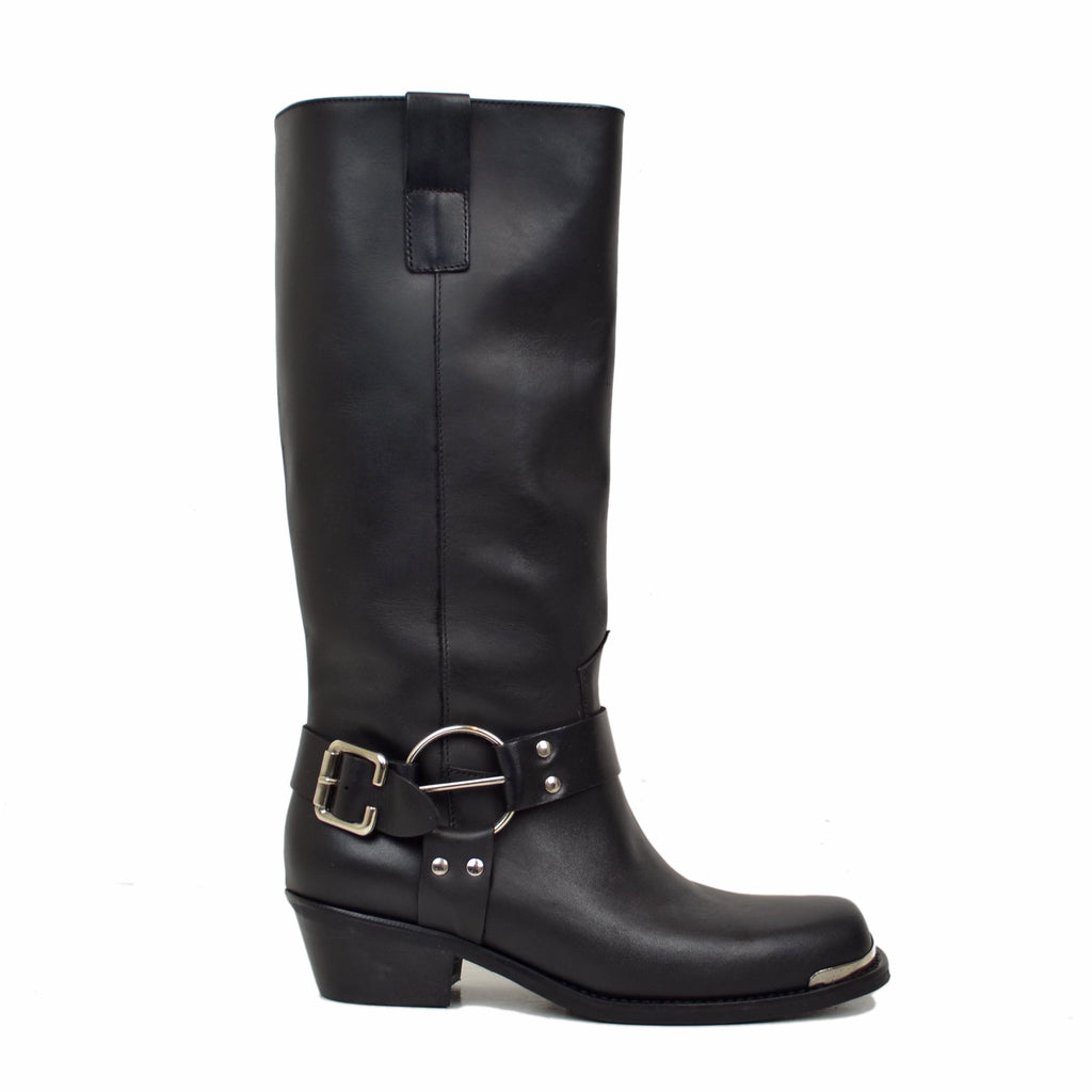 Camperos Women's Boots in Black Leather Square Toe with Buckle - 2