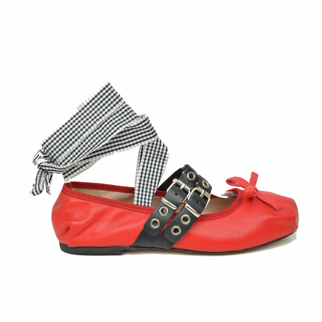 Red Schiava ballerinas in Nappa leather with two-tone laces and square toe - 2