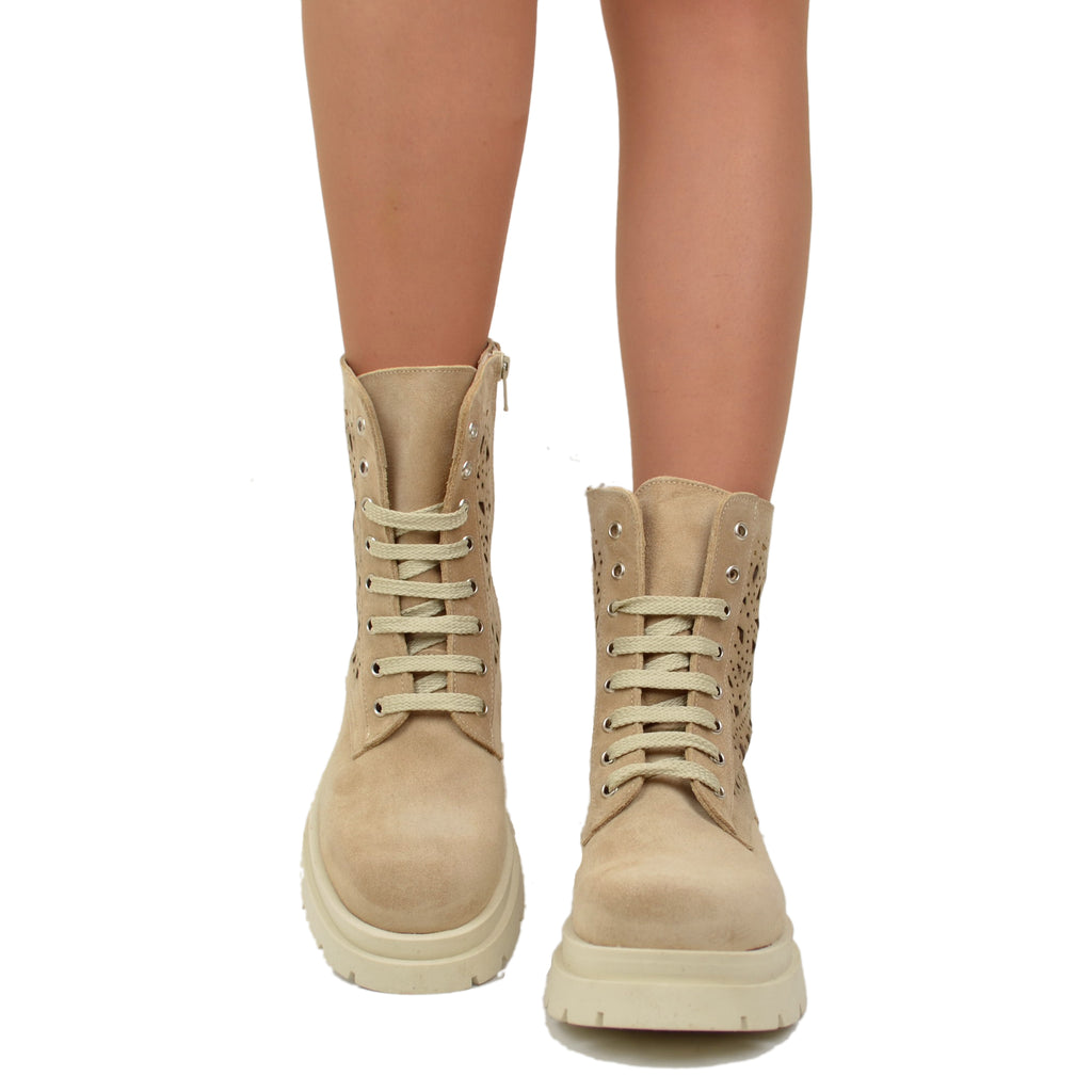 Anfibi Stringati Estivi Traforati Platform Pelle Scamosciati Beige - 3