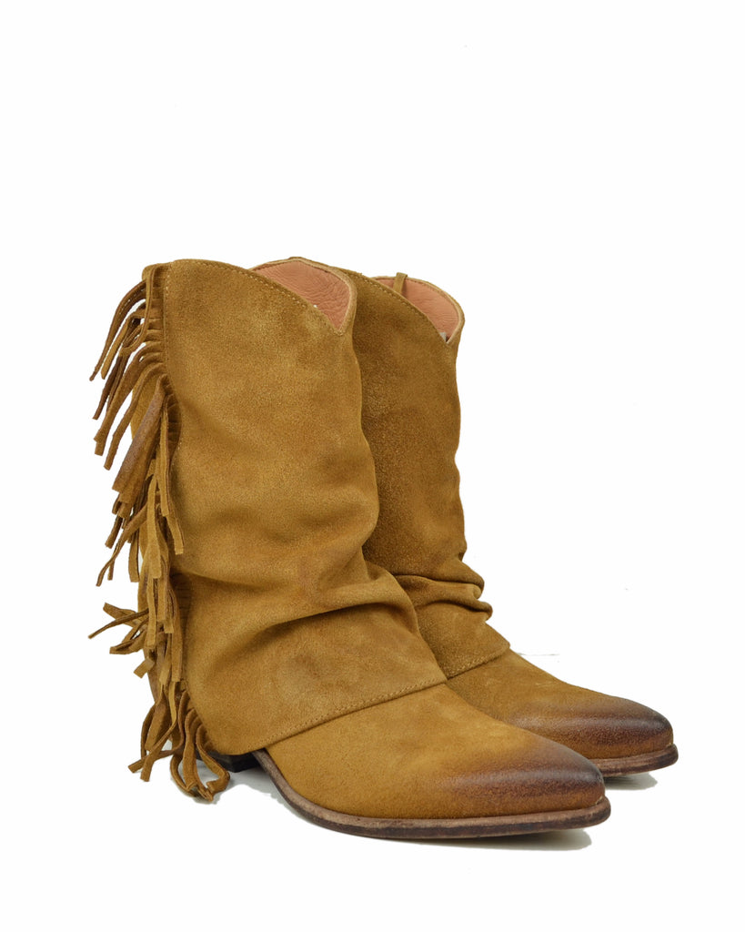 Suede Leather Cowboy Boots with Gaiter and Fringes, Genuine Leather Sole, Burnt Color - 2