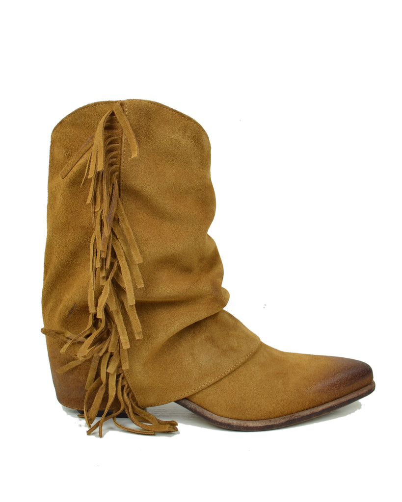 Suede Leather Cowboy Boots with Gaiter and Fringes, Genuine Leather Sole, Burnt Color - 7
