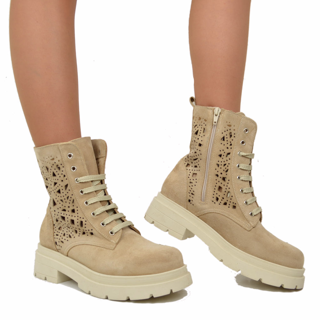 Beige Suede Leather Platform Perforated Summer Lace-up Boots - 4