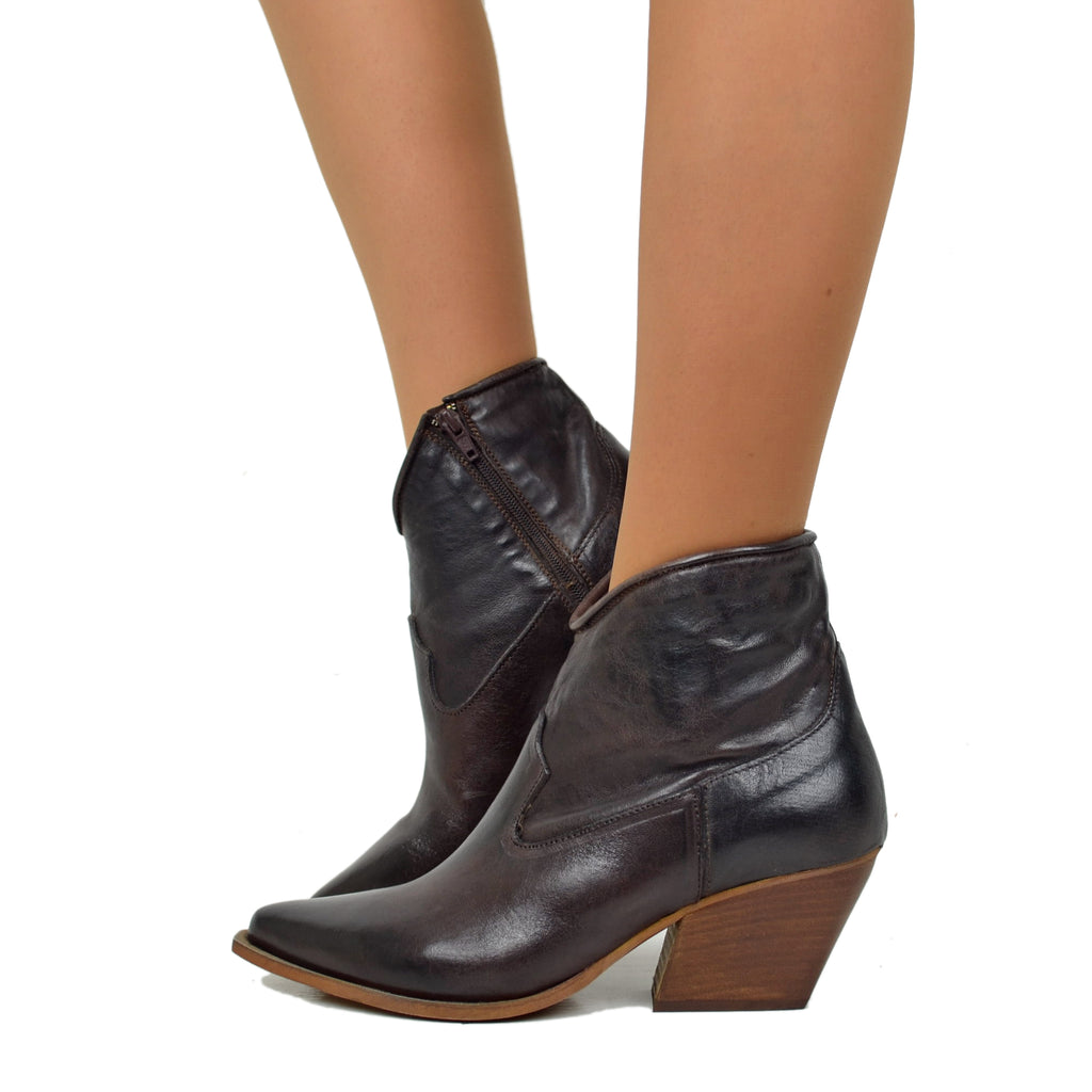 Women's Texanini Ankle Boots in Smooth Rag Leather in Dark Brown