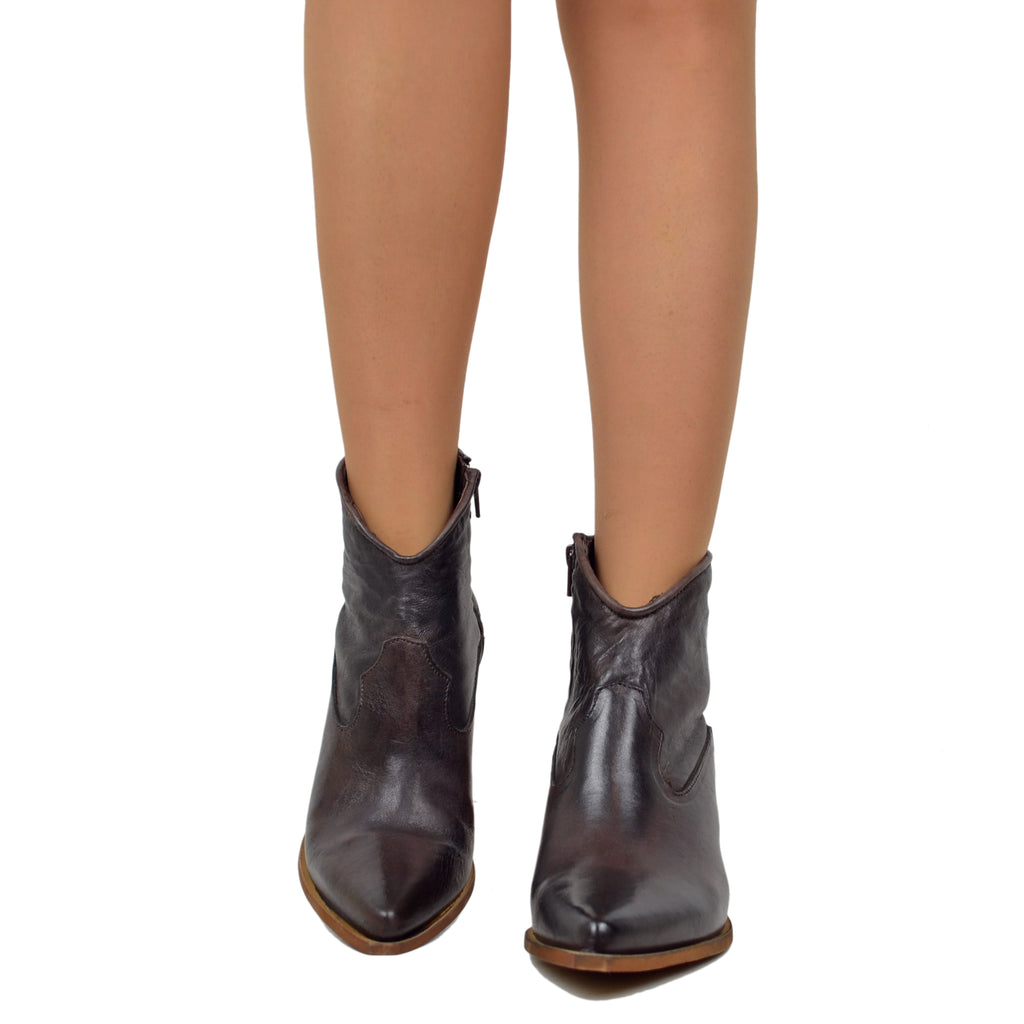 Stivaletti Texanini alla Caviglia Donna in Pelle Liscia Rag Testa di Moro - 3