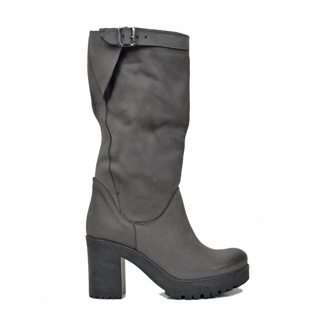 Women's Boots in Dark Gray Nubuck Leather with Heel Made in Italy - 2