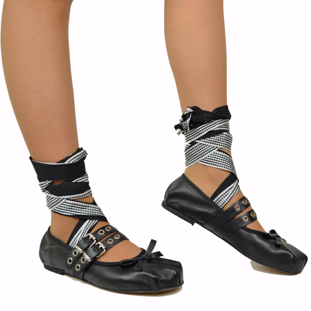 Black Schiava ballerinas in Nappa leather with two-tone laces and square toe - 5