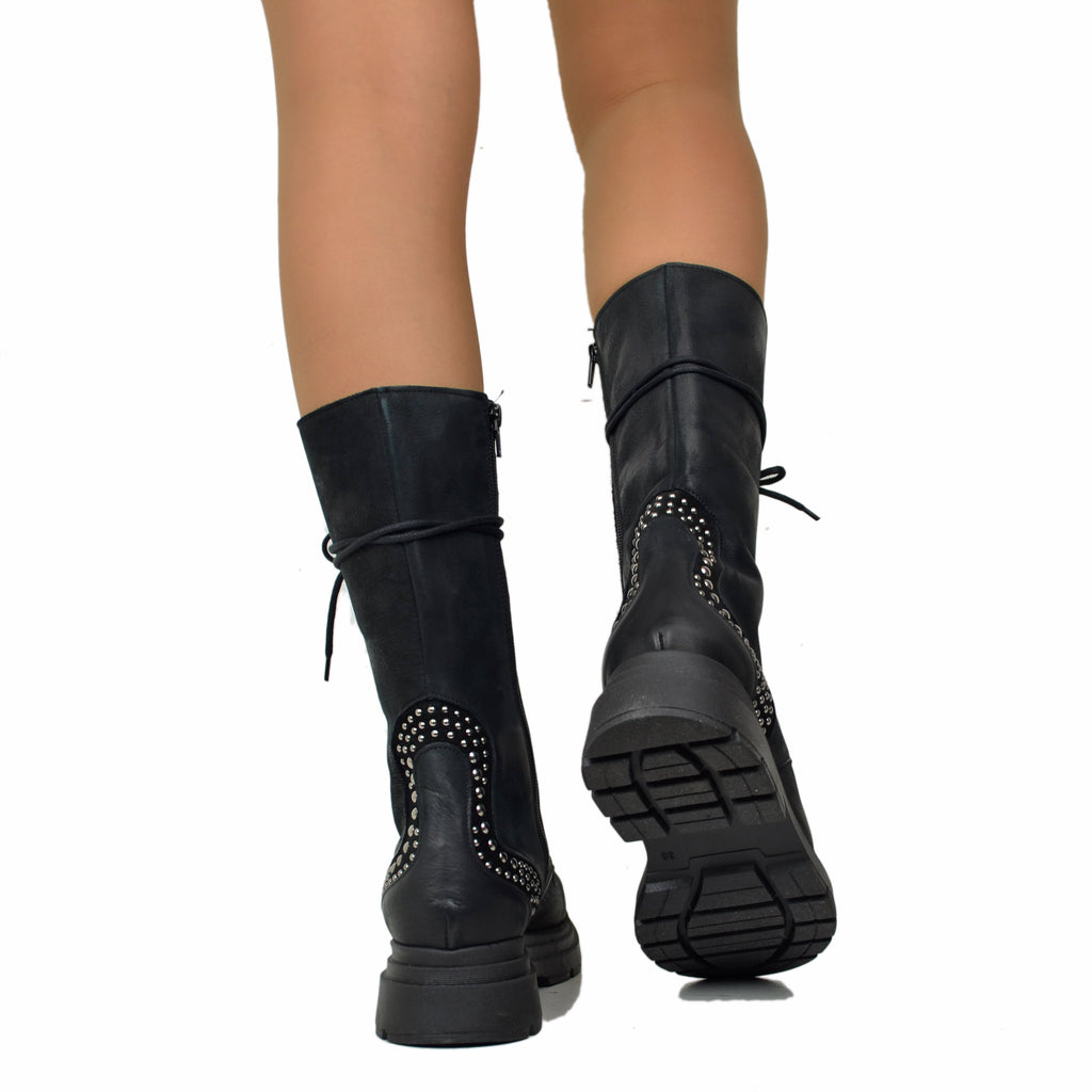 Stivali Anfibi Donna Neri in Pelle Nabuk con Lacci e Borchie - 6