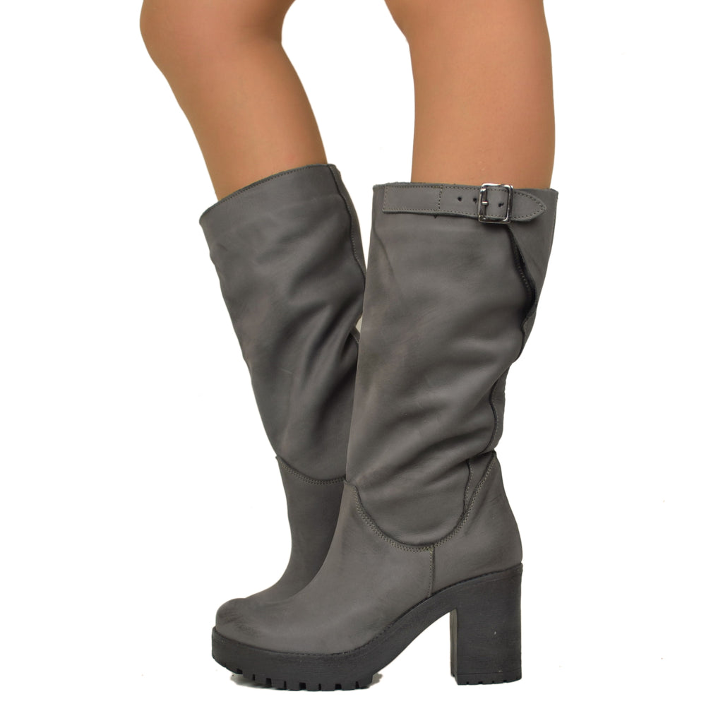 Women's Boots in Dark Gray Nubuck Leather with Heel Made in Italy