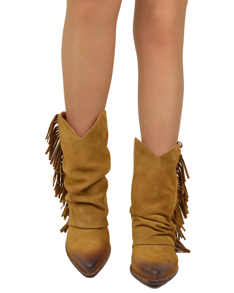 Suede Leather Cowboy Boots with Gaiter and Fringes, Genuine Leather Sole, Burnt Color - 4