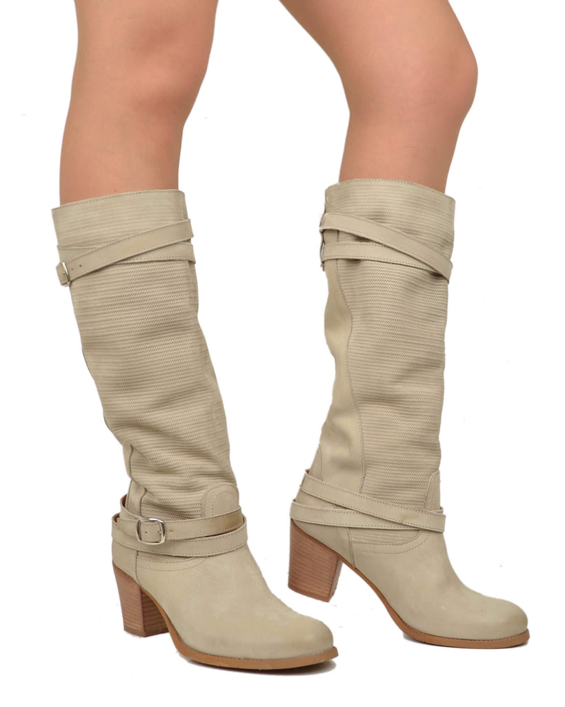 Nubuck Leather Boots – Mid Heel, Sand, Made in Italy - 5