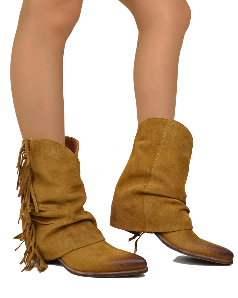 Suede Leather Cowboy Boots with Gaiter and Fringes, Genuine Leather Sole, Burnt Color - 5