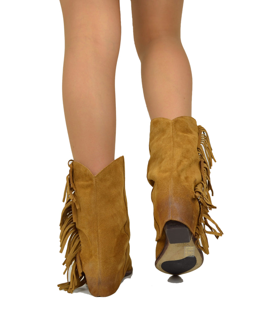 Suede Leather Cowboy Boots with Gaiter and Fringes, Genuine Leather Sole, Burnt Color - 6