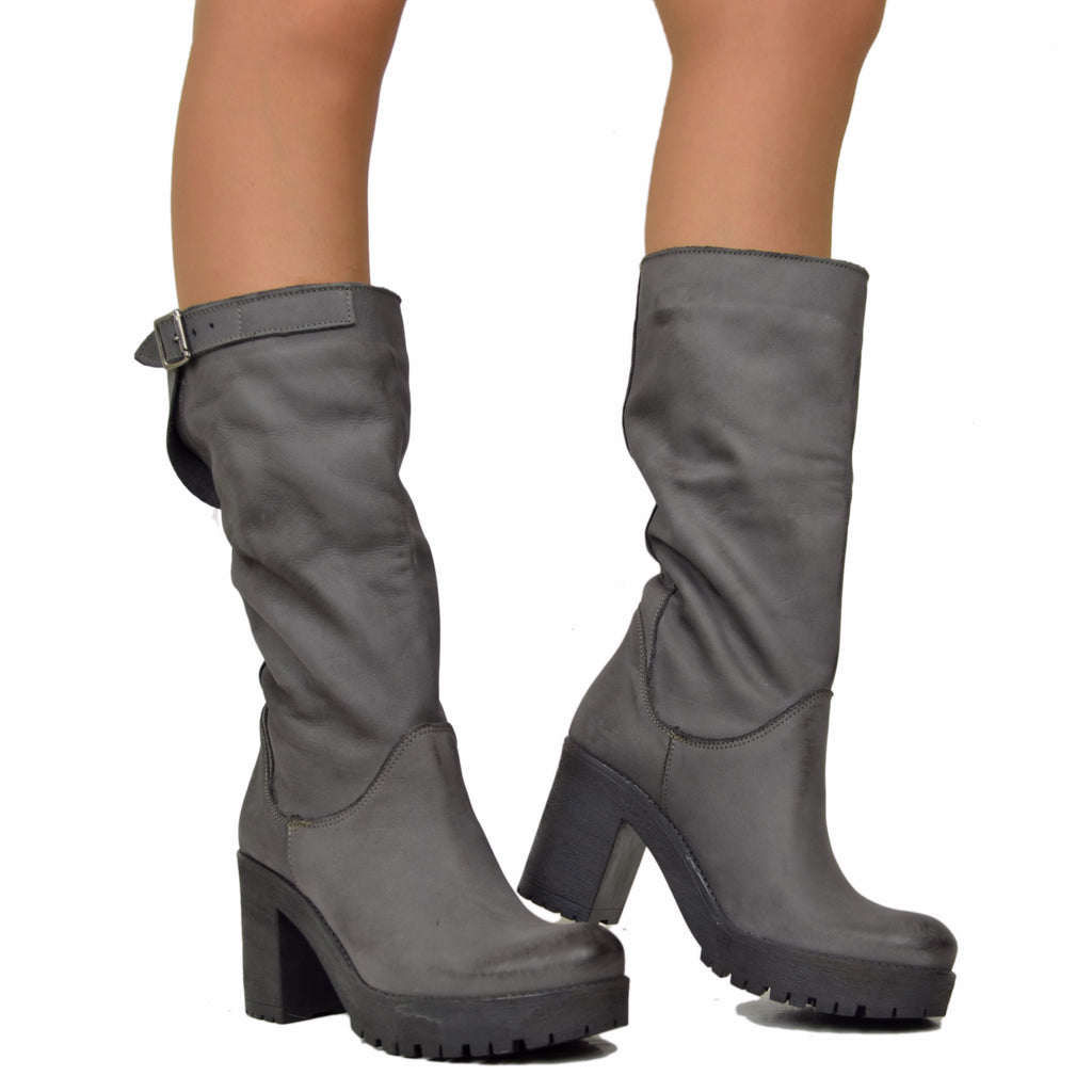 Women's Boots in Dark Gray Nubuck Leather with Heel Made in Italy - 4