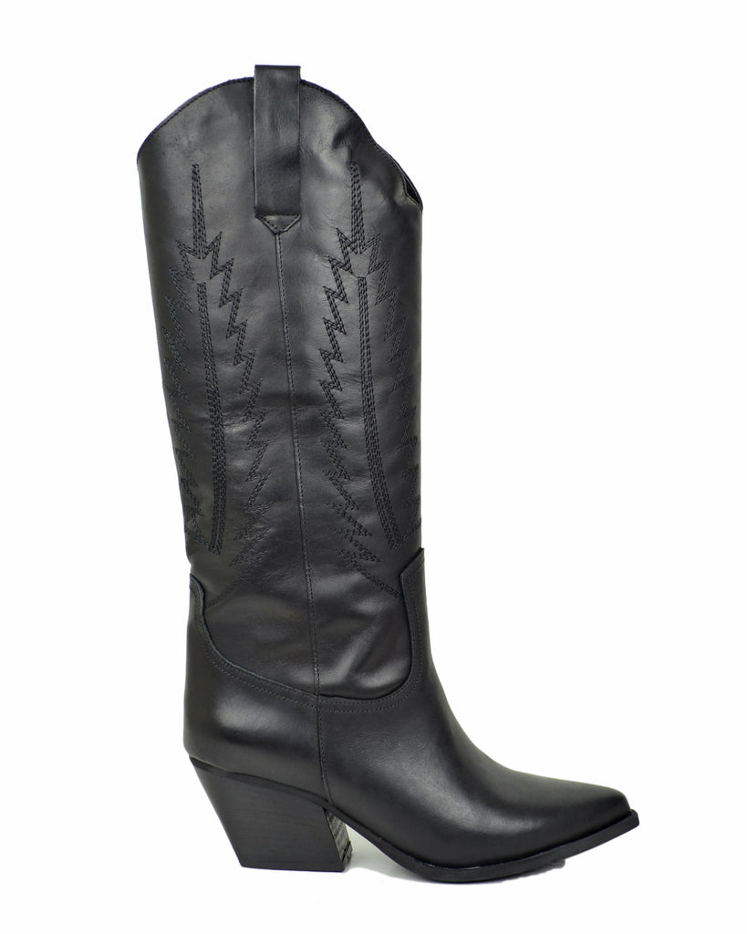 Stivali Texani Cowboy Trapuntati a Fiamma Vera Pelle Made in Italy NERI - 5
