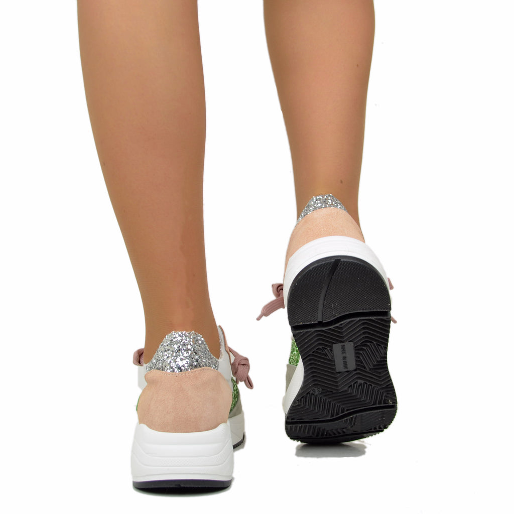 Sneakers Glitter in Pelle Scamosciata Fondo Platform Morbido - 5