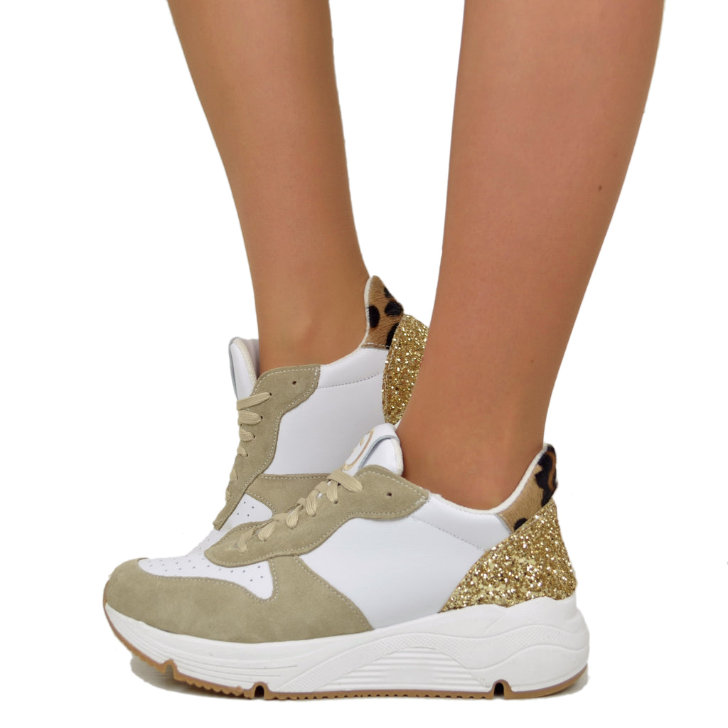 Women's Sneakers with Glitter Animal Print Suede Leather