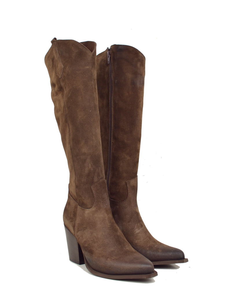 CowboyStiefel aus Wildleder mit Reißverschluss, schmalem Schaft und 8 cm Absatz Braun - 2
