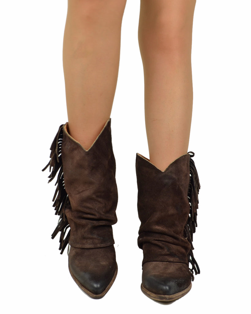 Cowboy Boots in Suede Leather with Gaiter and Fringes, Genuine Leather Sole, Dark Brown - 2