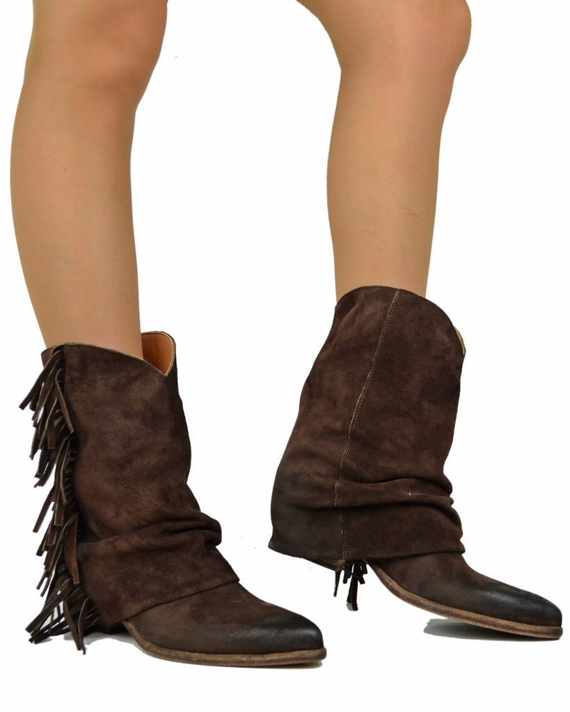 Cowboy Boots in Suede Leather with Gaiter and Fringes, Genuine Leather Sole, Dark Brown - 3