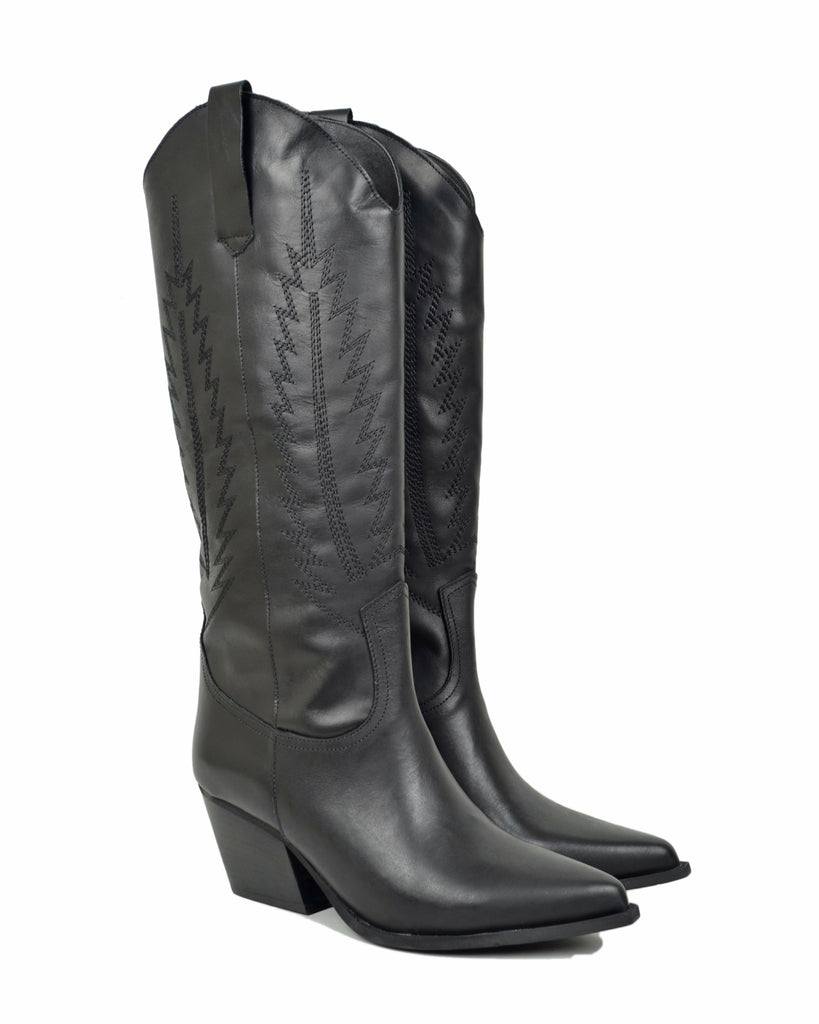 Stivali Texani Cowboy Trapuntati a Fiamma Vera Pelle Made in Italy NERI - 2