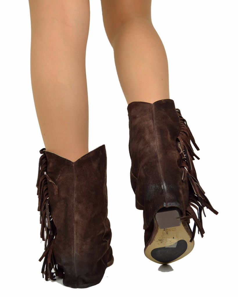 Cowboy Boots in Suede Leather with Gaiter and Fringes, Genuine Leather Sole, Dark Brown - 4