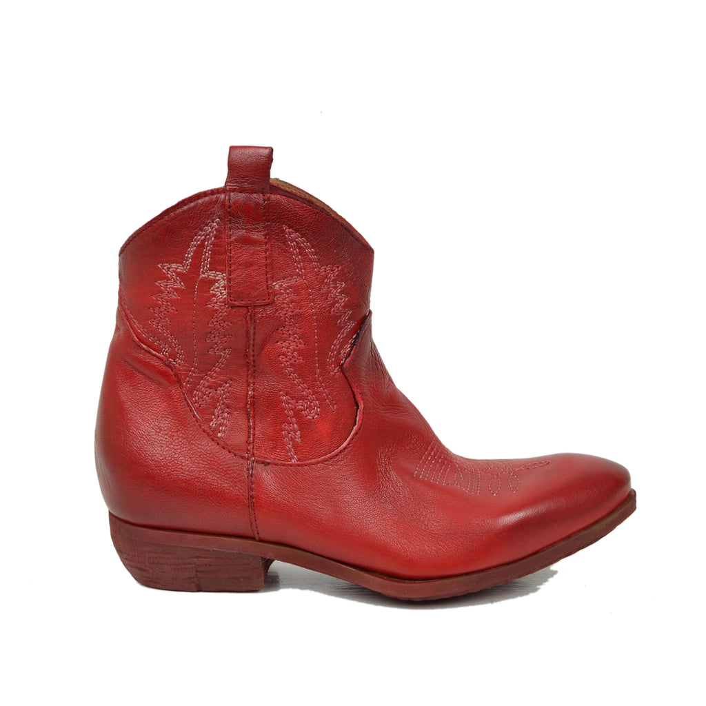 Women's Texan Ankle Boots in Red Leather Made in Italy - 4