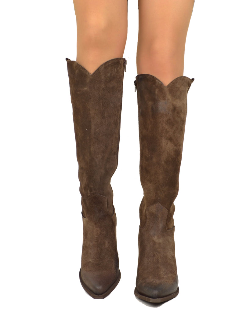 CowboyStiefel aus Wildleder mit Reißverschluss, schmalem Schaft und 8 cm Absatz Braun - 4