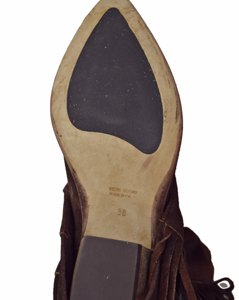 Cowboy Boots in Suede Leather with Gaiter and Fringes, Genuine Leather Sole, Dark Brown - 5