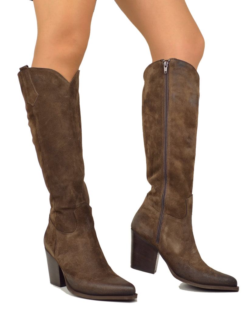 CowboyStiefel aus Wildleder mit Reißverschluss, schmalem Schaft und 8 cm Absatz Braun - 3