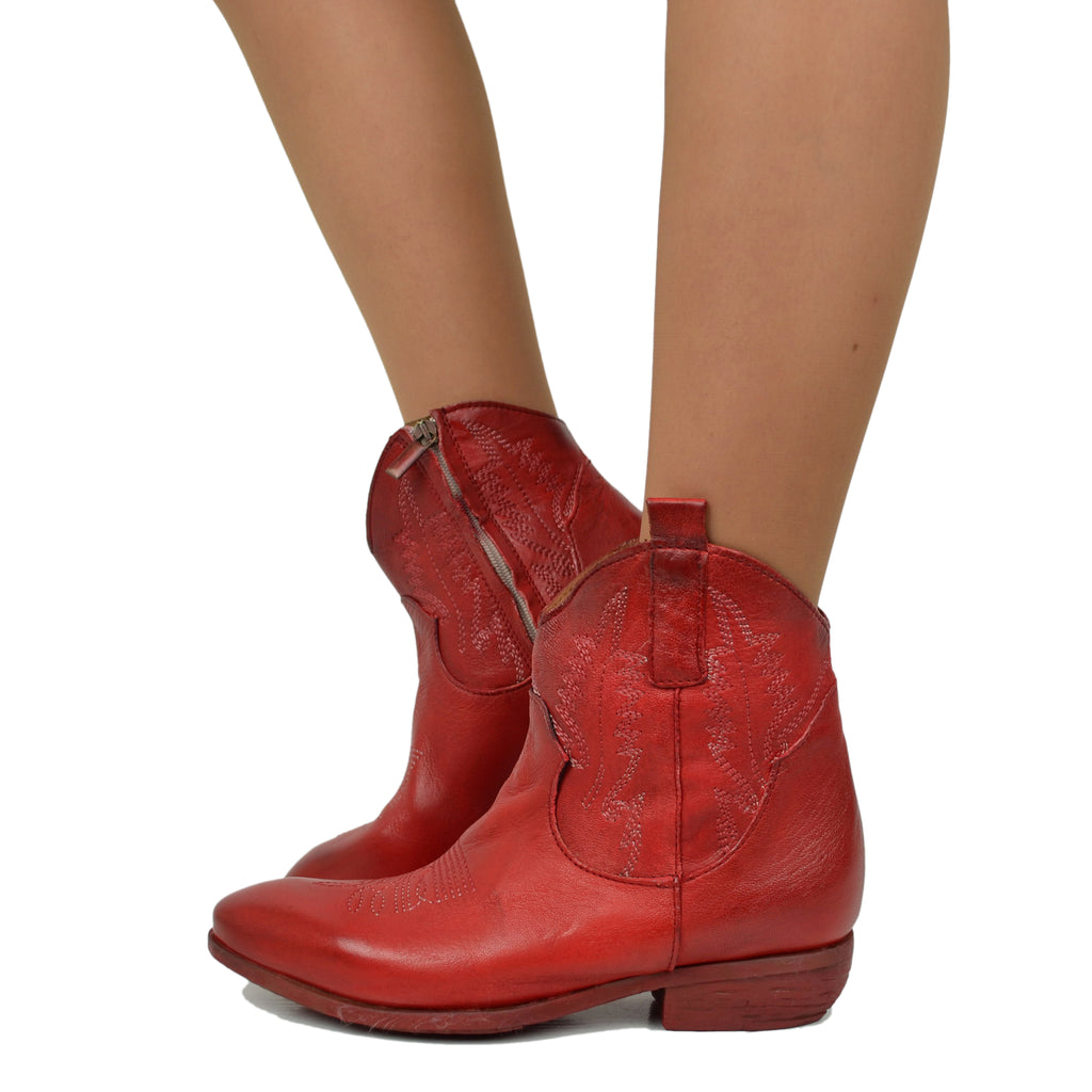 Women's Texan Ankle Boots in Red Leather Made in Italy