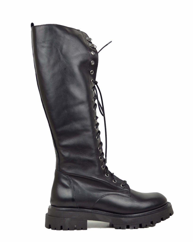Anfibi Alti Stivali Ginocchio Vera Pelle Neri Stringati Lacci Platform Raider - 7