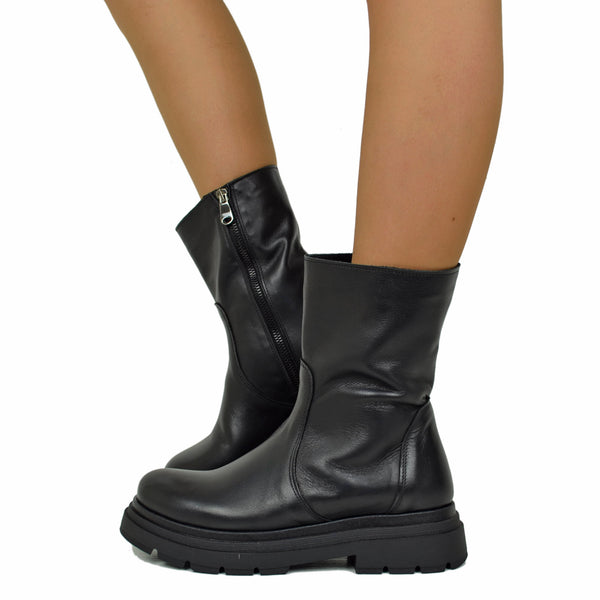 Biker Boots Platform Bassi Semplici Caviglia Stretta con Zip Neri KikkiLine Calzature