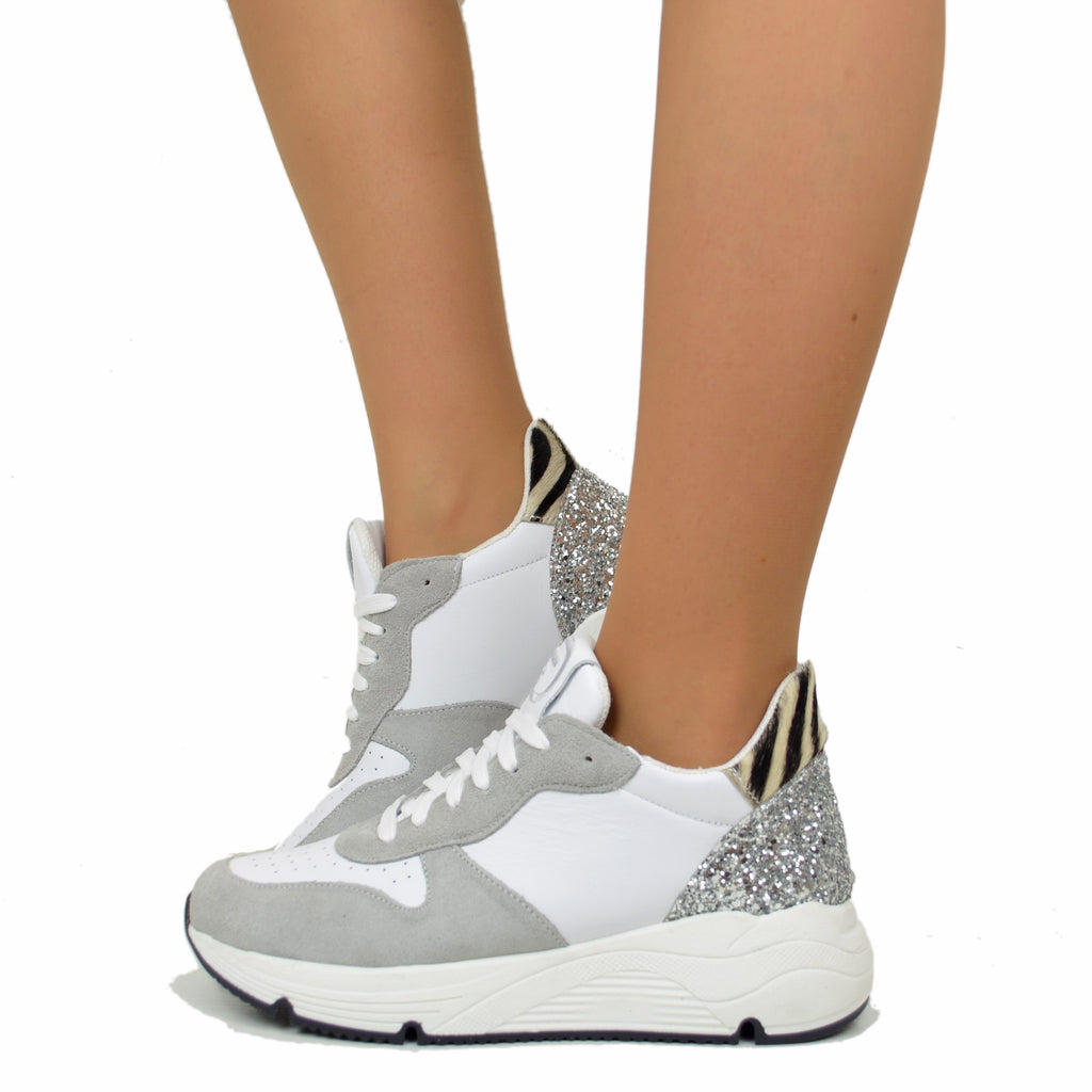 Sneakers with Glitter and Animalier Suede Leather Platform Bottom