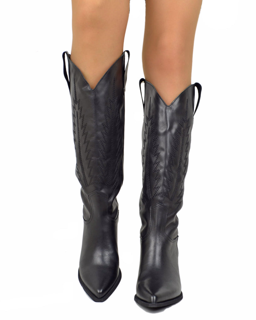 Stivali Texani Cowboy Trapuntati a Fiamma Vera Pelle Made in Italy NERI - 3