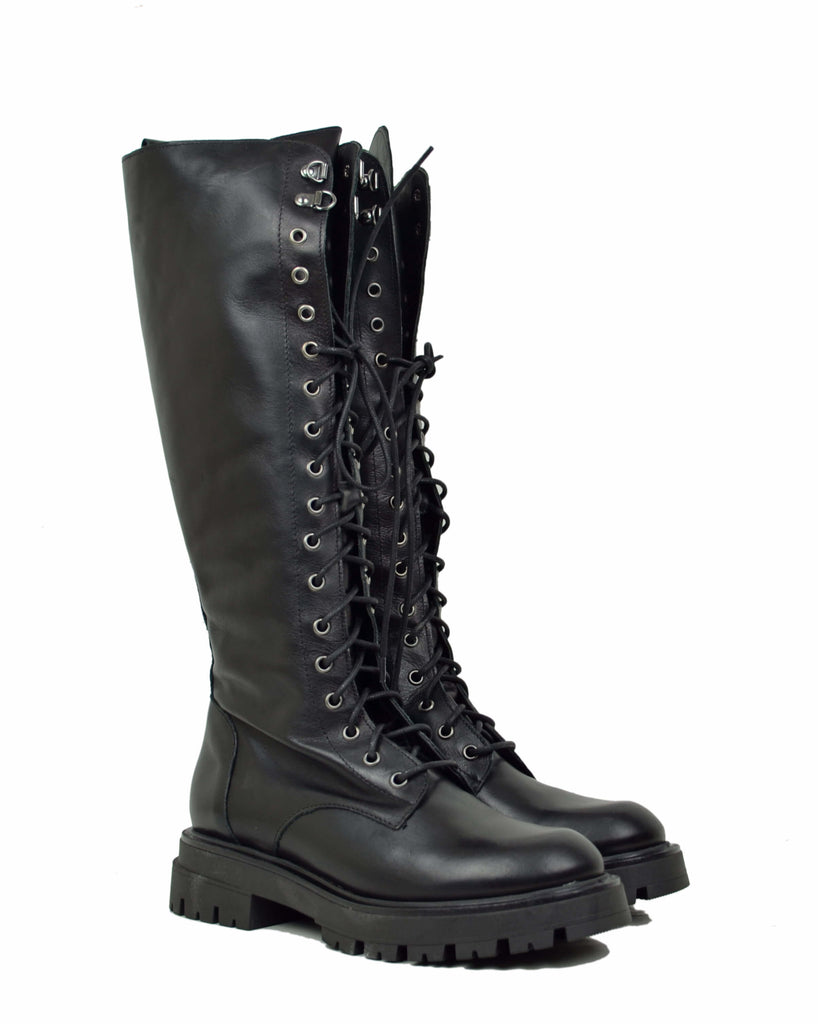 Anfibi Alti Stivali Ginocchio Vera Pelle Neri Stringati Lacci Platform Raider - 2