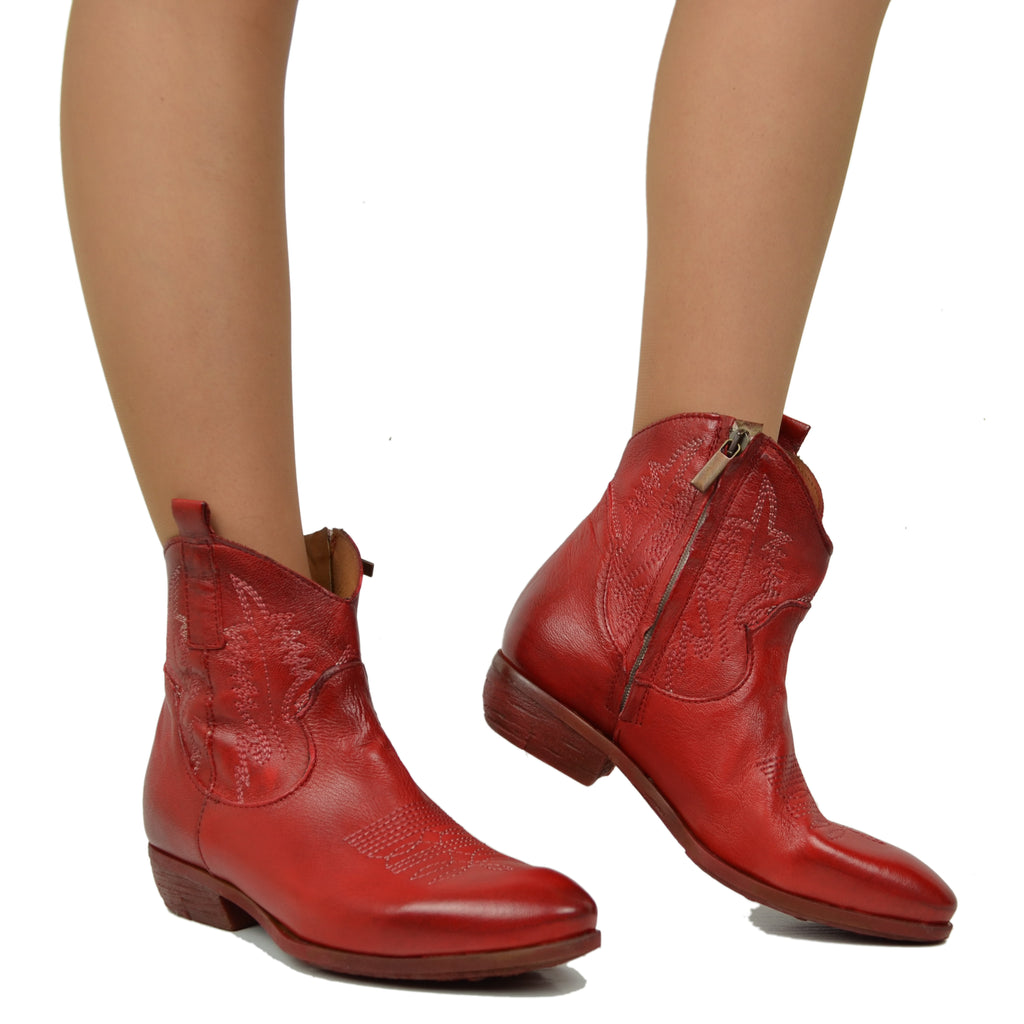 Women's Texan Ankle Boots in Red Leather Made in Italy - 3